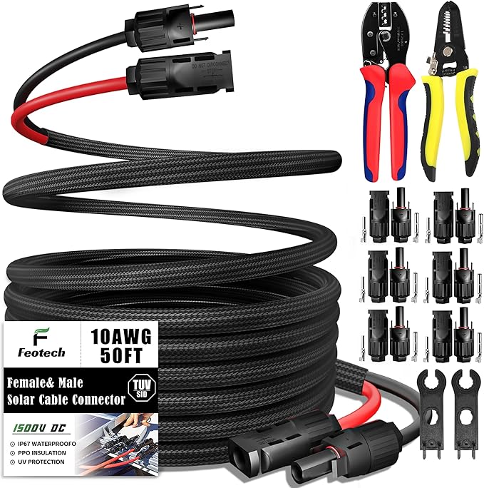 Twin Wire 50 Feet Solar Extension Cable 10AWG with -IP67- Female and Male Connector Bonus Four Pairs of Free Connector Solar Panel Adapter kit Tools (6 Pairs connectors)