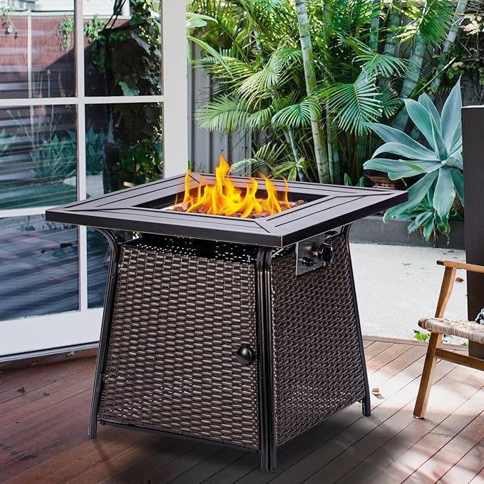 OutVue 28 inch Wicker Propane Fire Pit TableGas Fire Pits Table for Outside50000 BTU Propane Firepit with Lid &ampLava RocksGas Firepit for GardenYard (Brown Rattan)