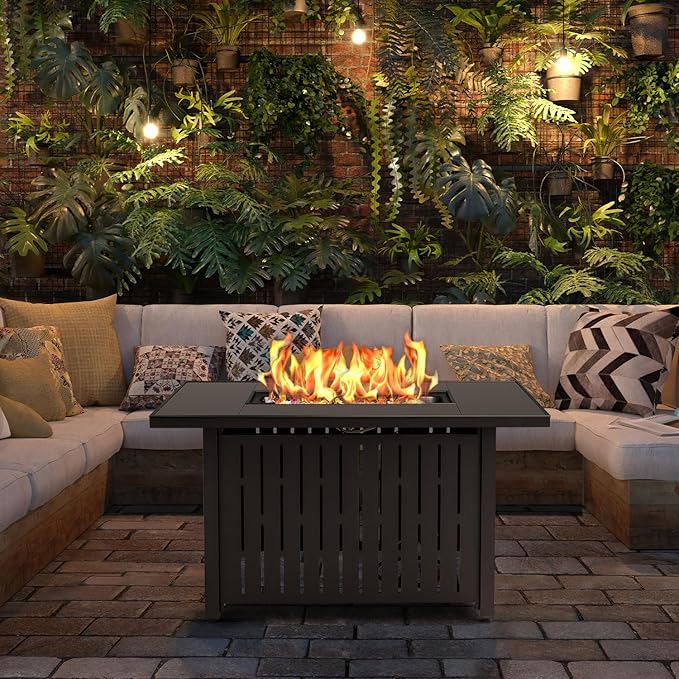 Greesum 44 Propane Gas Fire Pit Table 50000 BTU Outdoor Rectangular FirePit with Lid Rain Cover for Outside Garden Backyard Deck Patio Black