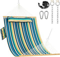 Lazy Daze Hammocks 2 Person Double Quilted Fabric Hammock with Spreader Bar Detachable Pillow Side Pocket Carabiners Chains Straps for Outdoor 450lbs Capacity Beach Stripes