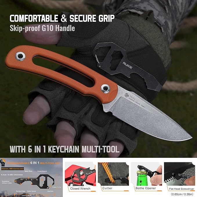 Ruike Survival Hunting EDC Fixed Blade Knife With SheathSmall Lightweight14c28n Full-Tang Bushcraft BowieTactical Camping Gear For MenDefense Top Horizontal Stainless SteelCarry Kydex Blet F815