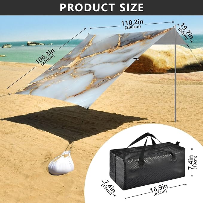 ALAZA White Gilded Marble Beach Tent Sun Shelter Portable Canopy Sunshade for Outdoor Camping Picnics Backyard Fun 10x9 ft