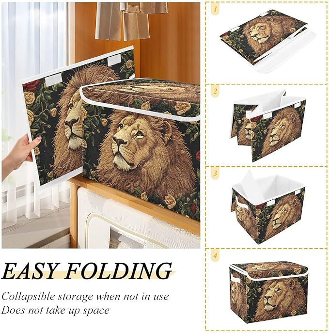 Storage Cube with Lid Lion with Floral Print 16.5×12.6×11.8 IN Collapsible Large Capacity Foldable Storage Basket Bin Organizer