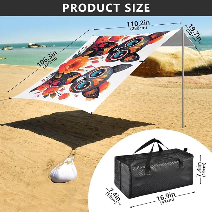 ALAZA Sugar Skull Cat Day of Dead Beach Tent Sun Shelter UPF50+ Protection Beach Shade Canopy w/ 4 Sandbags for Outdoor Camping Fishing Backyard Fun Picnic 10x9 ft