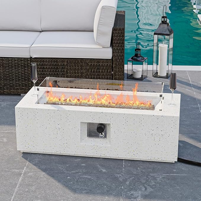 HOMPUS Outdoor Propane Fire Pit 50000 BTU 42-inch x 17-inch Rectangle Concrete Gas Fire Table Outside Smokeless Firepit Furniture with Wind GuradLava Rocks and Rain Cover for GardenDeckBackyard