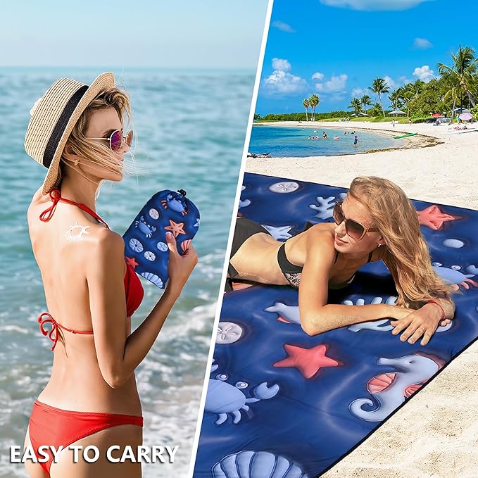 WIWIGO Beach Blanket Waterproof Sandproof Beach Mat 79 X 83/10'x9'for 2-8 Adults Quick Drying Outdoor Picnic Mat Beach Accessories for Travel Camping Hiking