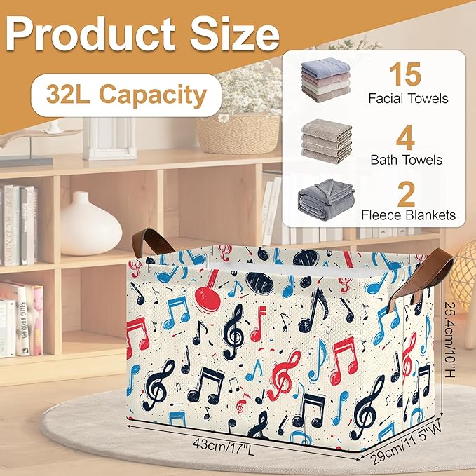 32L Large Storage Bins with Handles Basket Organizer for Shelves Closet Books Laundry &amp Home Decor (Musical Note)