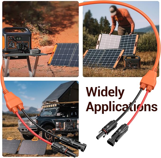 Solar Extension Cable 14AWG Tinned Copper with Solar Panel Connectors 12AWG Red &amp Black Branch Wires Heavy Duty Outdoor Power Cord for RV Inverter Generator Off-Grid System (50FT)