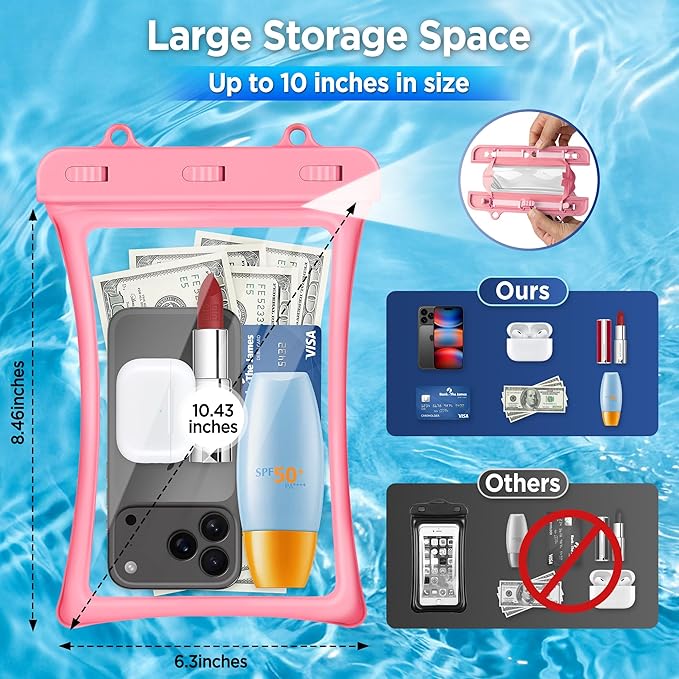 CACOE [Floatable Floating Universal IPX8 Waterproof Phone case 2 Pack-Up to 10.0Adjustable Lanyard Phone PouchCellphone Dry Bags for Vacation Beach Pool Kayak Cruise Travel Essentials（Black+Pink）