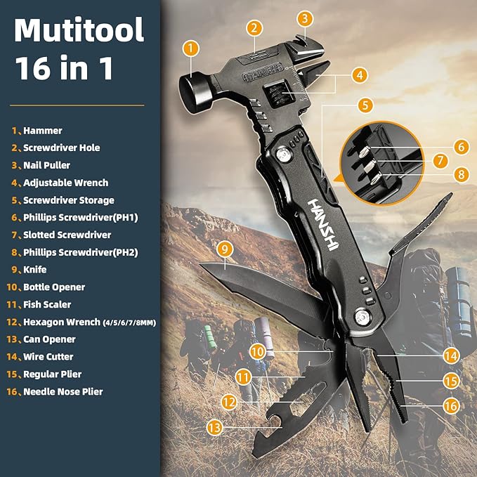 HANSHI Adjustable Wrench Multitool Hammer for Survival16 in 1 Multitools Pliers with Nylon SheathPocket Knife Multi Screwdriver Tool All in One Camping Accessories for Stocking Stuffers for Men