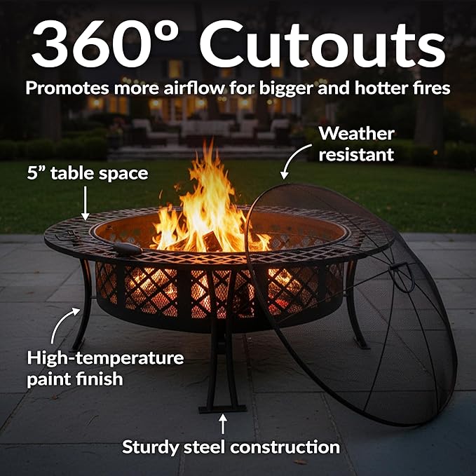 Sunnydaze 40-Inch Round Steel Fire Pit Table with Durable Spark Screen and Poker - Portable Design - Black - Diamond Weave