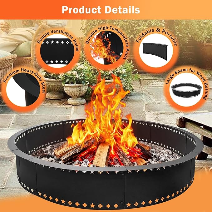 DFLU Smokeless Fire Pit Ring 48 inch Inner 52 inch Outer Large Firepit Ring Insert Metal Steel Round Firepit Ring for Outside Wood Burning DIY Fire Pits Outdoor Fire Place for Camping Patio Backyard