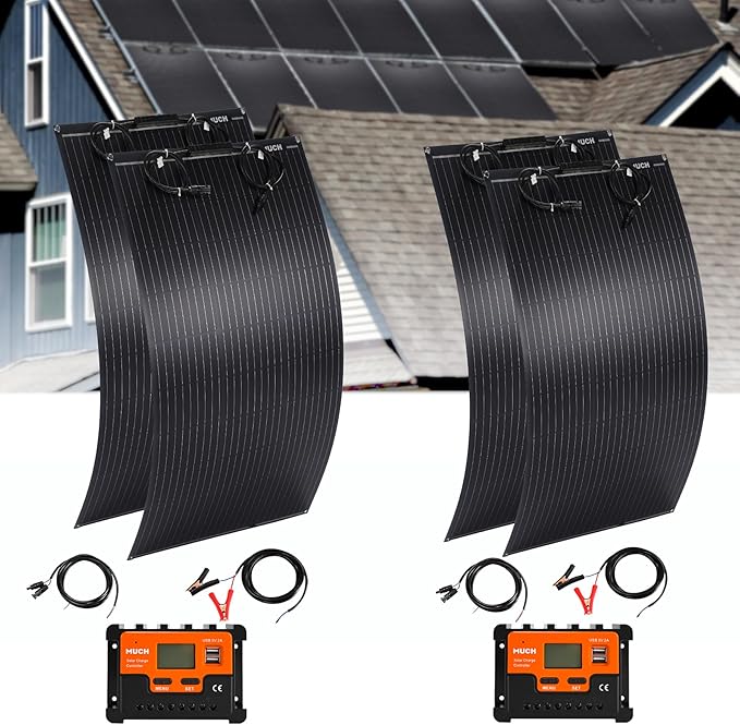 400W Semi-Flexible Solar Panel Kit Lightweight Monocrystalline Ultra-Flexible RV Solar Panel Kit with 30A Charge Controlle for 12-24V Battery Charging Car Battery Camping Stuff Offgrid RV (4 * 100W)