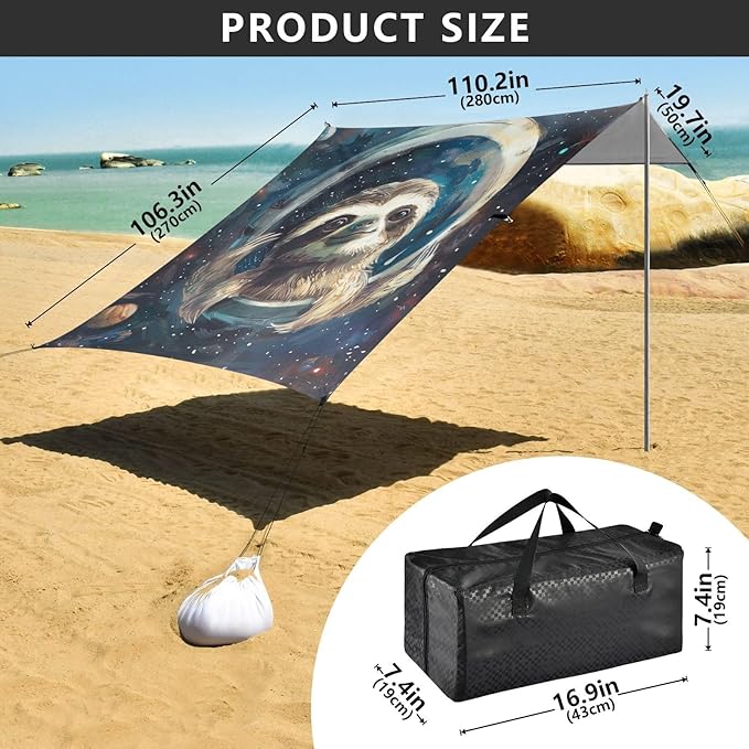 ALAZA Cute Sloth Starry Space Beach Tent Sun Shelter Portable Canopy Sunshade for Outdoor Camping Picnics Backyard Fun 10x9 ft