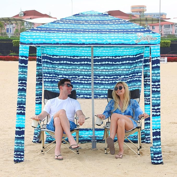Jihfmo Beach Cabana 6.2'×6.2' Beach Canopy with Side Wall UPF 50+ UV Protection Easy Setup Tent Sun Shelter with Sand Pockets for Whole Family (Green Stripes)