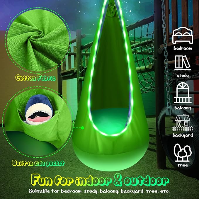 Light Up Kids Pod Swing Seat Upgraded Kids Hanging Hammock Swing with LED Lights Cotton Sensory Pod Swing Chair with Inflatable Pillow Pod Swing for Kids Indoor &amp Outdoor (1 PCS) (Green)