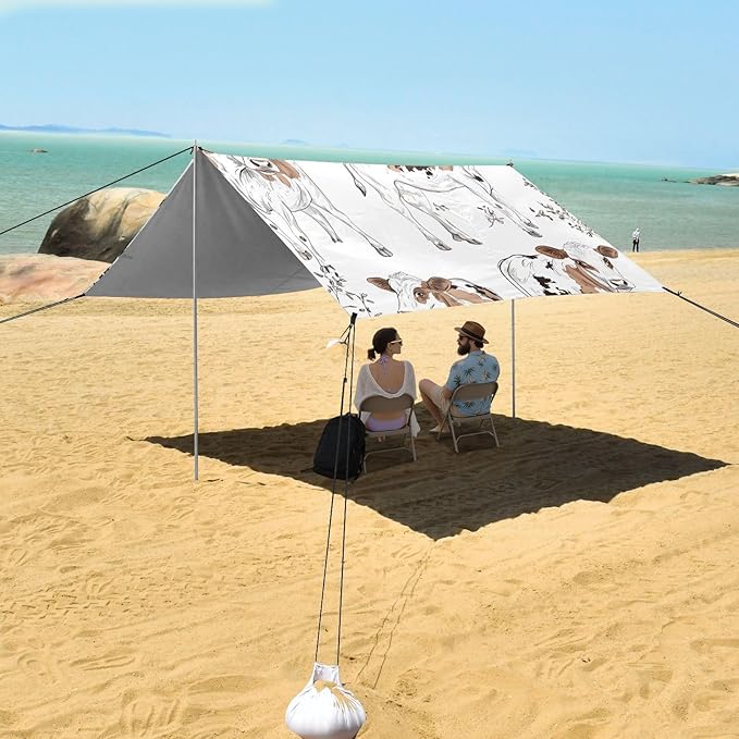 Cow Foldable Beach Tent UPF50+ Waterproof Portable Sun Shelter with Sandbags Sand Shovel Poles for Camping Trips Fishing Backyard Fun or Picnics