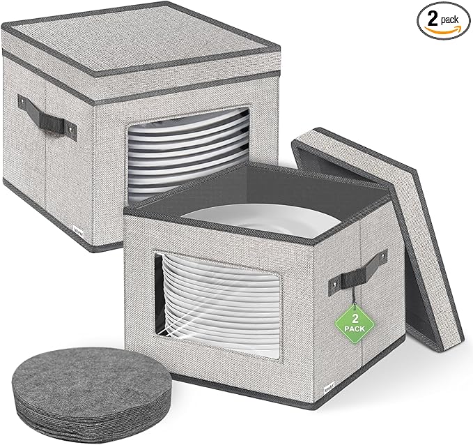 homyfort China Storage Containers With Lid and Handles Dinnerware Storage Box for Dishes with 12 Felt Dividers Hold 24 Plates12 x 12 Set of 2 Light Grey