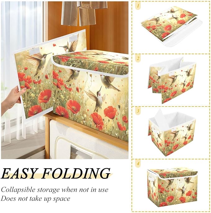 Collapsible Storage Bins with Lids Decorative Fabric Storage Cubes Closet Organizer and Storage Basket Boxes Containers for Clothes Box Chest Nursery Folding Rectangle Yellow Hummingbirds and