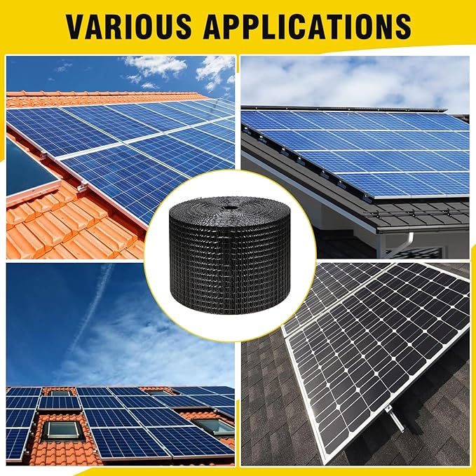 6in X 100ft Solar Panel Bird GuardSolar Panel roof Protection net 1/2inch Mesh PVC Black Vinyl Coated Galvanized net 70 Fastener ClipsUsed for BirdAnimal Control