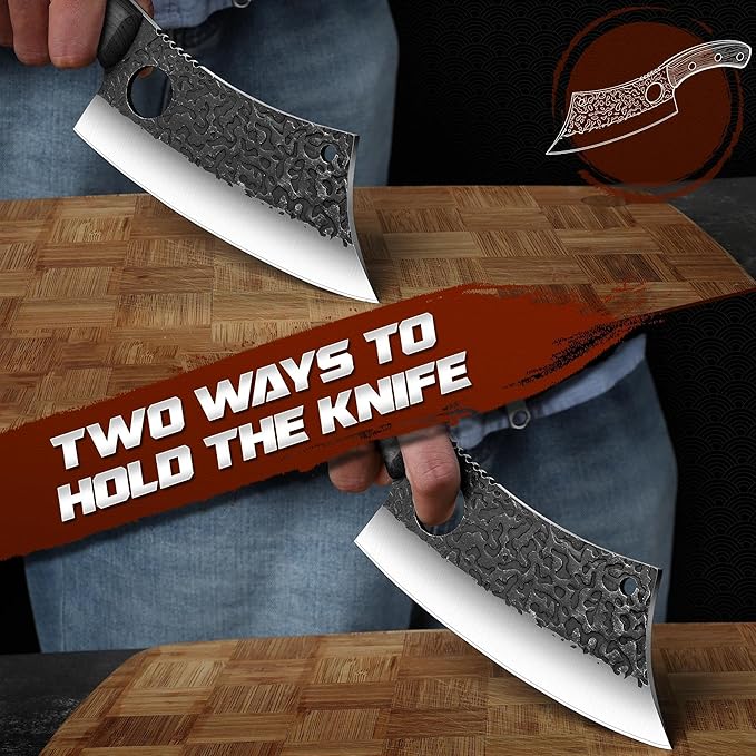 ROCOCO Meat Cleaver Butcher Knife - Sharp Full Tang Knife with Sheath for Home Outdoor BBQ Camping Mother Father Gift Idea Men Black 6.3
