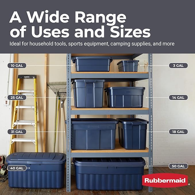 Rubbermaid Roughneck Tote 3 Gal 6 Pack Made in USA Dark Indigo Metallic Rugged Plastic Stackable Storage Bins with Lids and Handles