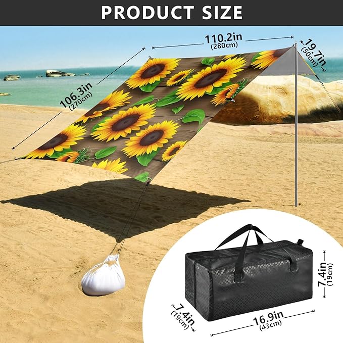 Beach Canopy with Windproof Ropes &amp Sandbags Beach Tent Sun Shade Sun Shelter for Camping Trips Fishing Backyard Fun or Picnics Sunflowers