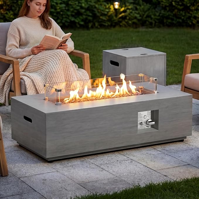 SUNPEAK 42 Rectangular Propane Fire Pit table 50000 BTU Fireplace Table with Wind Guard Glass Lid Rocks and Cover Outdoor Fire Pit for Deck or Patio Fogata para Patio (Light Grey 42 Standard)