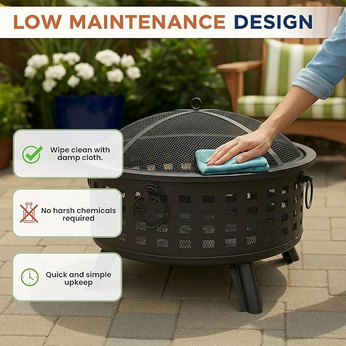 Outdoor Fire Pit - 26-Inch Round Lattice Wood Burning Firepit with Screen Poker Grate and Cover - Wood Fire Pits &amp Outdoor Fireplaces by Pure Garden