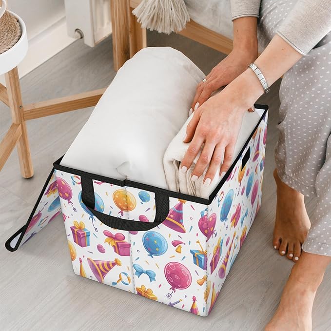 Happy Birthday Storage Basket with Lid Birthday Theme Foldable Storage Box Fabric Storage Bins with Carrying Handles for Home Bedroom Closet Organization