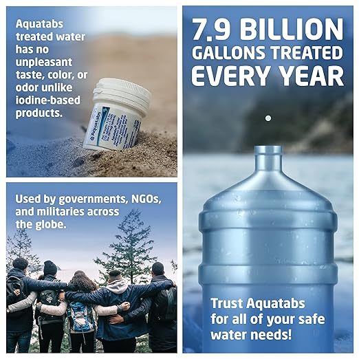 Aquatabs Water Purification Tablets (397mg 100 Pack). Water Filtration System for Camping Boating Emergency Water Survival Kit and Marine. Easy-to-Use Water Purifier Treatment.