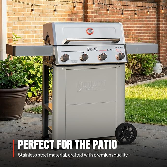 Monument Grills 4 Burner Propane Gas Grill with Broil Zone Stainless Steel Patio Mesa 2 Barbecue Grill with Cooking Plate Foldable Side Shelves Fast Heating Assembles in 30 Mins Mesa II 410FBZ