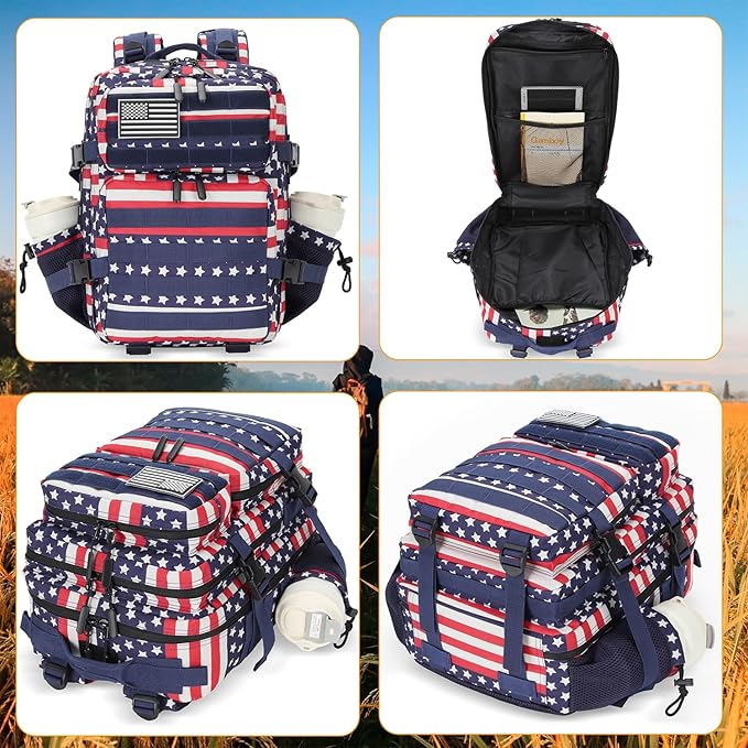 Lovelinks21 25L Tactical Military Backpack Small Travel Backpack for Men and Women Assault Pack Bug Out Bag Molle Daypack Gym Backpack with Bottle Holder (Flag)