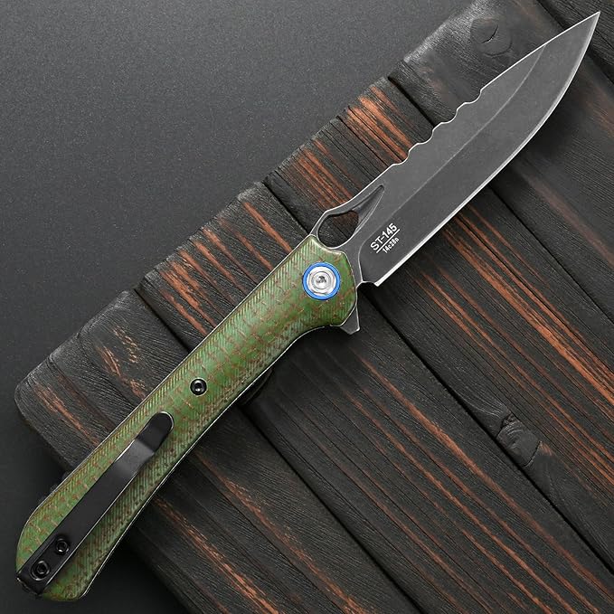 Sitivien ST145 Folding Pocket KnifeBlack Stonewashed 14C28N Steel BladeMicarta Handle EDC Tool Knife for Outdoor SurvivalCampingHikingHunting(Green) …