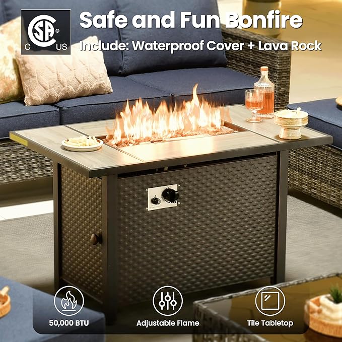 OVIOS 42 Inch Outdoor Patio Fire Pit Table 50000 BTU Heater Metal Steel Frame Propane Firepits with Ceramic Tabletop Waterproof Cover Lid Lava Rock Rectangular Black