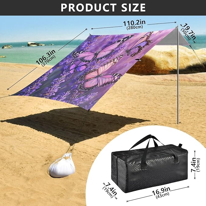 ALAZA Lavender Butterflies Spring Beach Tent Sun Shelter Portable Canopy Sunshade for Outdoor Camping Picnics Backyard Fun 10x9 ft