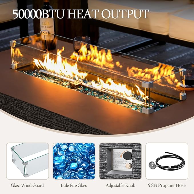 UPHA 56-inch Outdoor Propane Gas Fire Pit Table 50000 BTU Concrete Rectangle FirePit for Outside Patio with Propane Tank Cover Wind Guard Blue Glass Rocks Rain Cover Grey