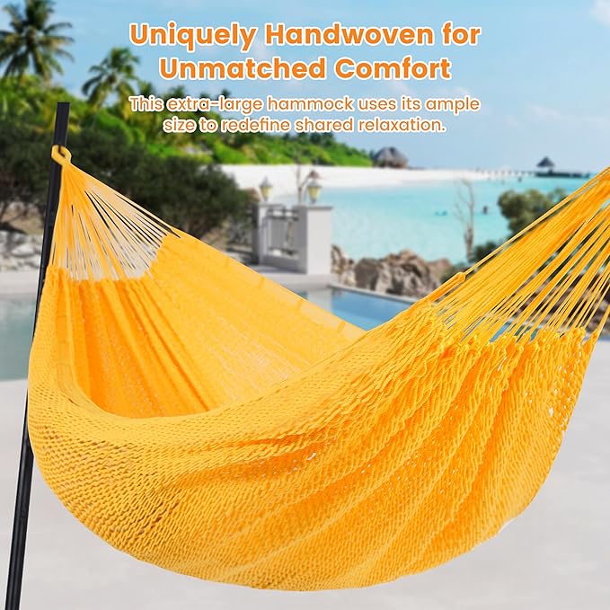 Lazy Daze Hammocks Handwoven Mayan Hammock 10.5 FT Soft Rope Double Hammocks Portable Outdoor Hammock with Carry Bag 2 Straps &amp Carabiners for Patio Outside 550 lbs Weight Capacity Yellow