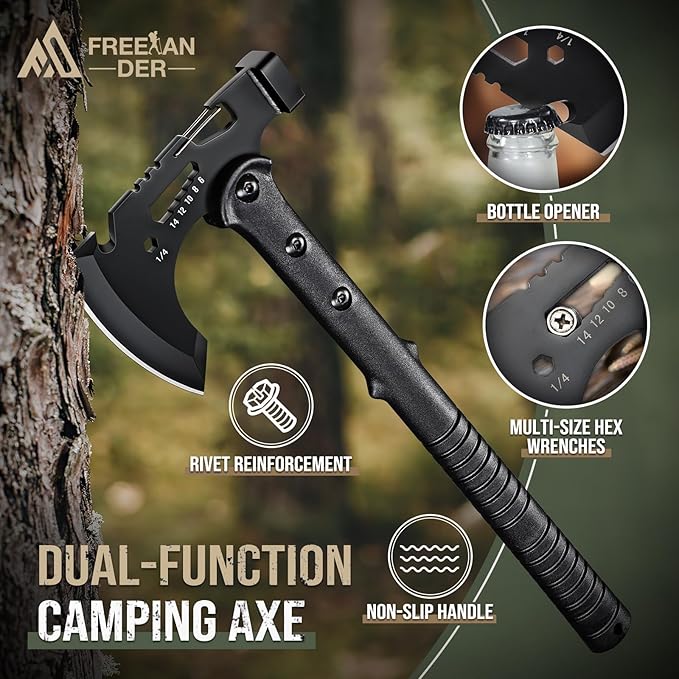 Freelander Camping Axe with Sheath Sharp Tactical Hatchet Axe with Clip and Bottle Opener Multi-Functional Hammer Tactical Tomahawk Survival Tomahawk Axe for Camping (Black 15 Inch)