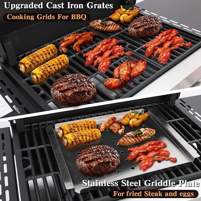 CIG GARDEN 3-Burner Propane Grill 31500 BTU Outdoor BBQ with Cast Iron Grates &amp Side Burner for Backyard Patio Tailgating &amp Camping
