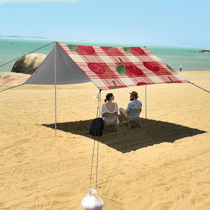 Beach Canopy with Windproof Ropes &amp Sandbags Beach Tent Sun Shade Sun Shelter for Camping Trips Fishing Backyard Fun or Picnics Cherry