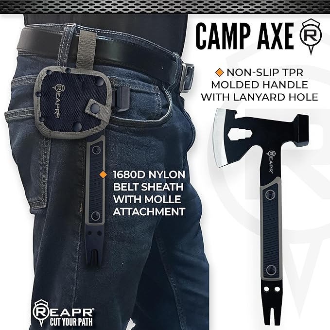 Reapr Versa Camp Axe 10.75 Outdoor Multitool with Pry Bar Nail Puller Hammer Wrench Set Bottle Opener &amp Sheath Non-Slip Handle Great for Camping Hiking and Survival Kits (Versa Camp Axe)