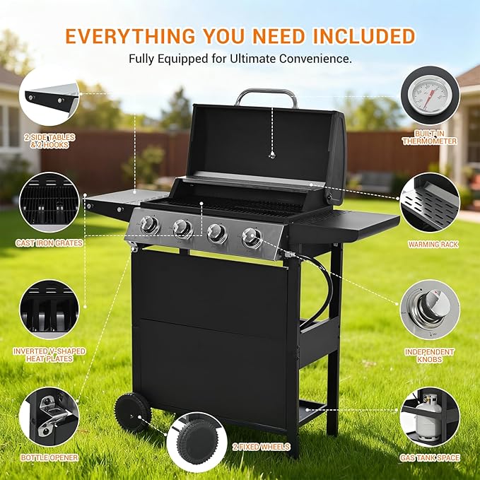 EUHOME 4-Burner Gas Grill with Side Burner &amp Cover 51000 BTU Stainless Steel Outdoor BBQ Grill 452 sq.in Cooking Area Ideal for Backyard Patio Large Gatherings