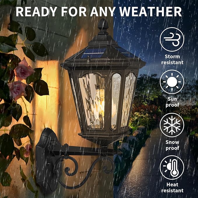 Solar LED Wall Light Outdoor with Remote Control 22'' Front Door Sconce Dusk to Dawn 3 Lighting Modes Solar Exterior Wall Lantern Outside Lights for Patio Doorway Porch Walkway Black