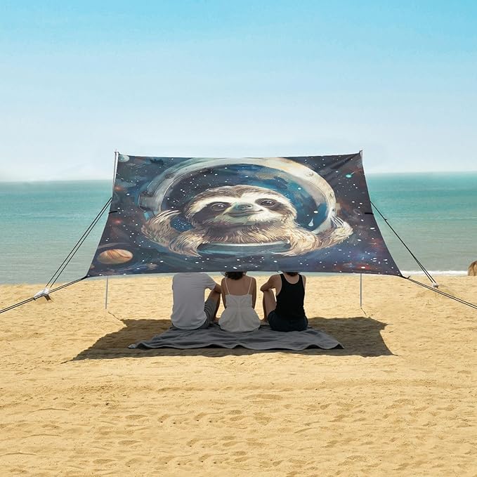 ALAZA Cute Sloth Starry Space Beach Tent Sun Shelter Portable Canopy Sunshade for Outdoor Camping Picnics Backyard Fun 10x9 ft