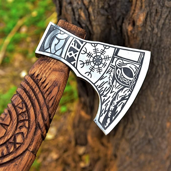 Gentry Choice Engraved Viking Axe Hatche – Hand Forged Blade Ash Wood Handle Leather Wrapped Grip Cowhide Sheath Double Head Design