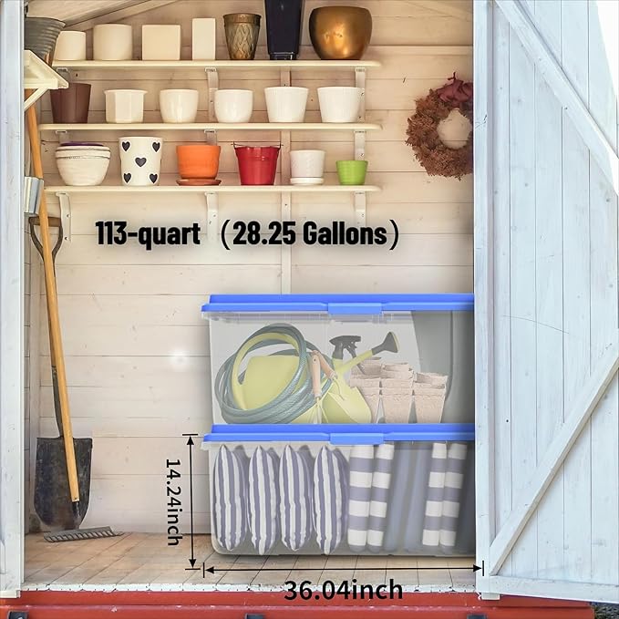 113 Quart（28.25 Gallons） Clear Storage Bin with Locking Latches &amp Tall Lid Extra-Large Heavy-Duty Container for Garage Moving &amp Bulk Storage