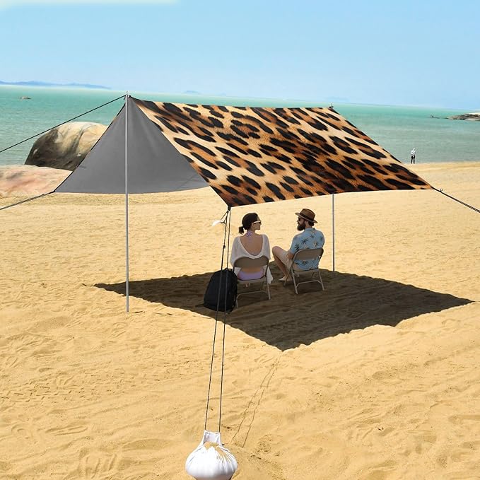 ALAZA Leopard Print Cheetah Beach Tent Sun Shelter UPF50+ Protection Beach Shade Canopy w/ 4 Sandbags for Outdoor Camping Fishing Backyard Fun Picnic 10x9 ft