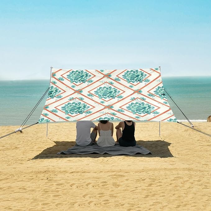 xigua Boho Tribal Aztec Beach Tent Sun Shelter with Carrying Bag - Silver Coated Oxford Fabric Beach Canopy for Beach Camping Fishing - Includes Windproof Ropes Sandbags &amp Stakes