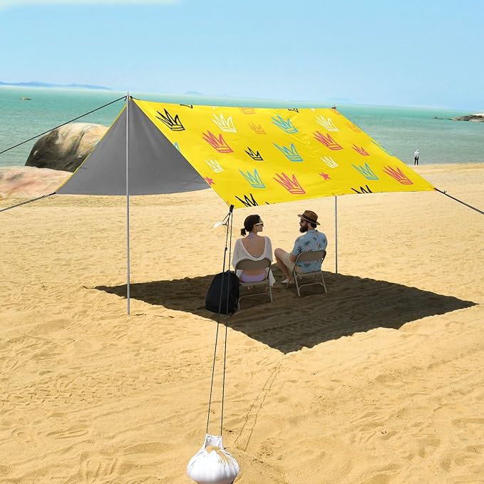 xigua Crowns and Stars Beach Tent Sun Shelter with Carrying Bag - Silver Coated Oxford Fabric Beach Canopy for Beach Camping Fishing - Includes Windproof Ropes Sandbags &amp Stakes